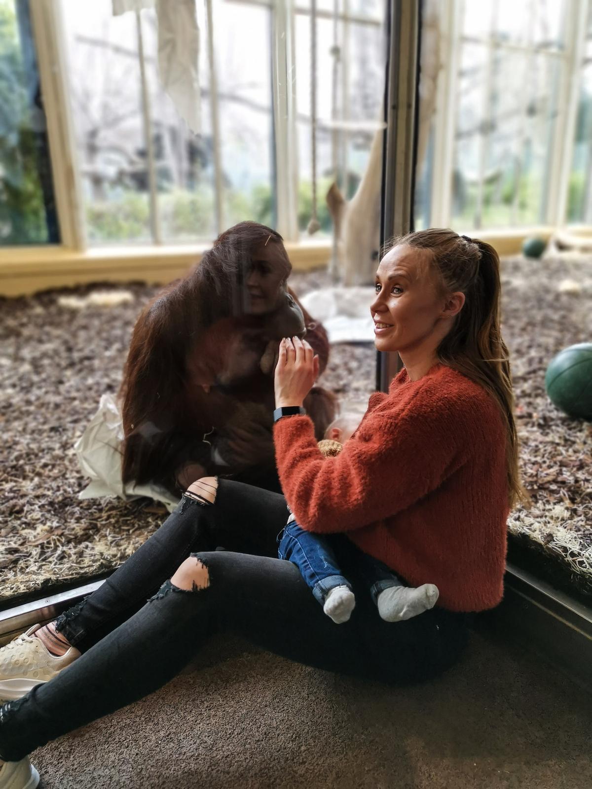 Copeland was visiting Schönbrunn Zoo, the oldest zoo in the world, during a mini-break in January 2020 with her partner, Shane, and infant son, Jasper. It was nearing the end of the day; Copeland took a seat near the orangutans so that her son could watch the apes. (Caters News)