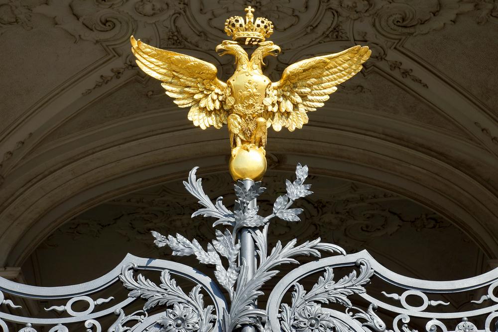 A two-headed eagle with its double crown, on the Winter Palace gates, is from the Russian Empire’s coat of arms. (dimbar76/Shutterstock.com)