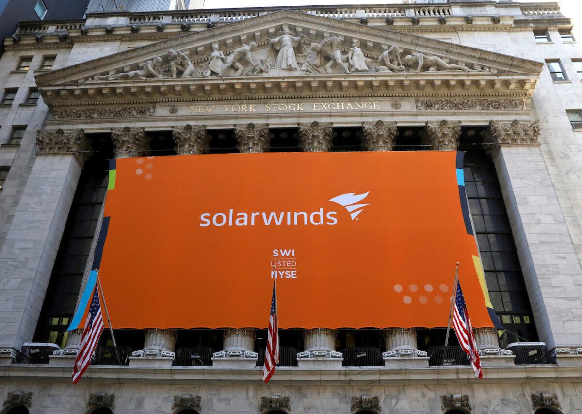  SolarWinds Corp banner hangs at the New York Stock Exchange on the IPO day of the company in New York, on Oct. 19, 2018. (Brendan McDermid/Reuters)