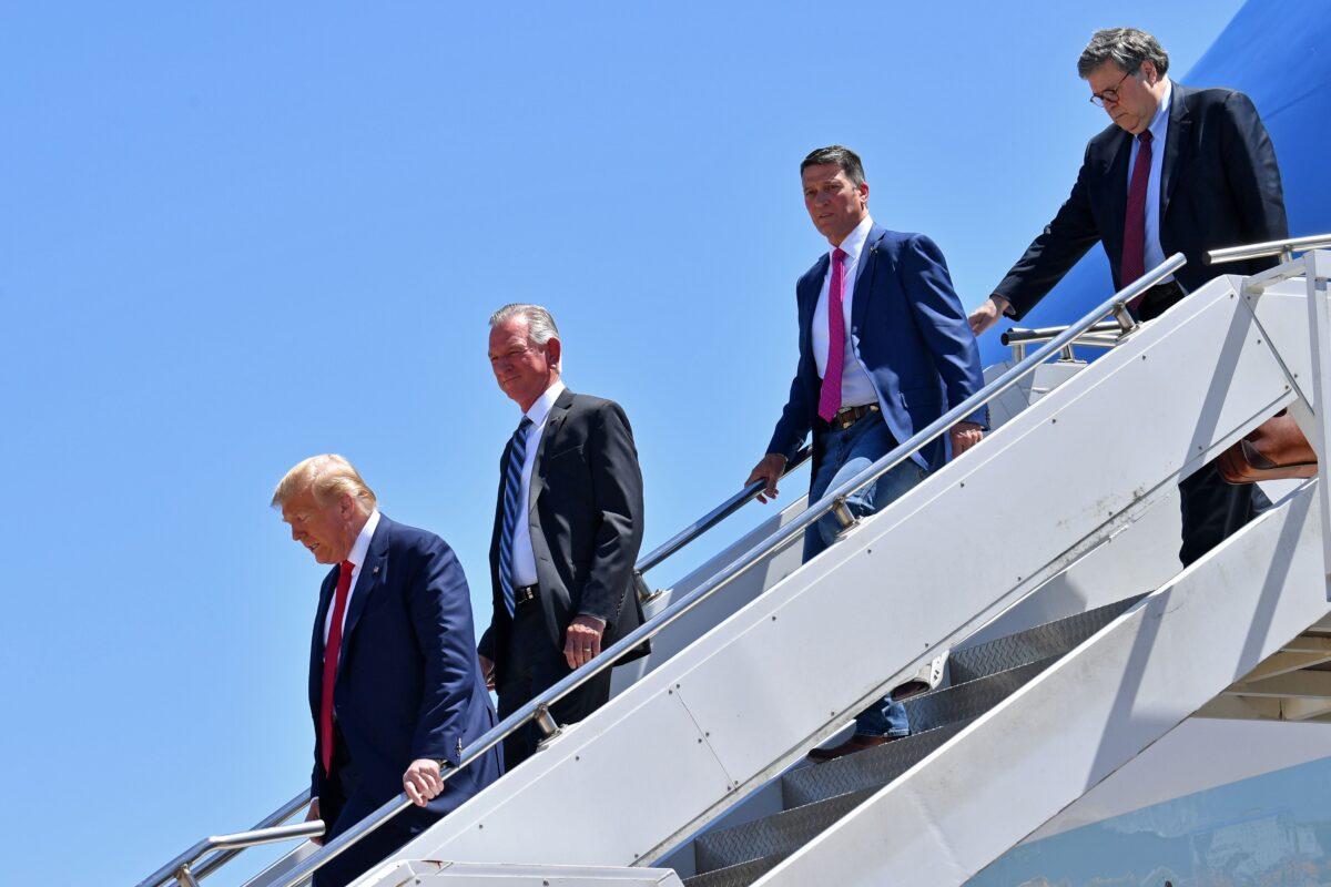 President Donald Trump (L) steps off Air Force One with then-Senate candidate Tommy Tuberville (2nd-L), in Dallas, Texas, on June 11, 2020. (Nicholas Kamm/AFP via Getty Images)