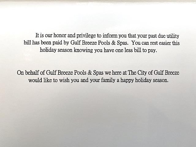 A card that was sent out by the utility authority in Gulf Breeze to all the families that Mike Esmond paid their bills for. (Courtesy of Mike Esmond)