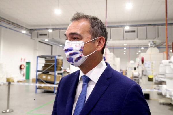 South Australian Premier Steven Marshall with an Australia day mask made by Detmold Group in Adelaide, Australia on Nov. 30, 2020. (Kelly Barnes/Getty Images)