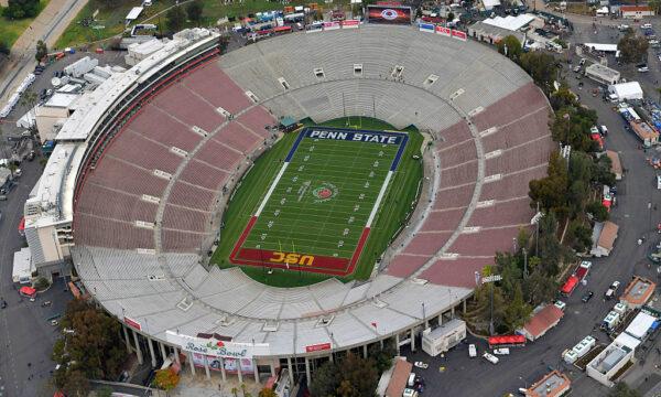 An aerial view prior to the 2017 Rose Bowl Game between the USC Trojans and the Penn State Nittany Lions at the Rose Bowl in Pasadena, Calif., on Jan. 2, 2017. (Photo by Tournament of Roses-Pool/Getty Images)