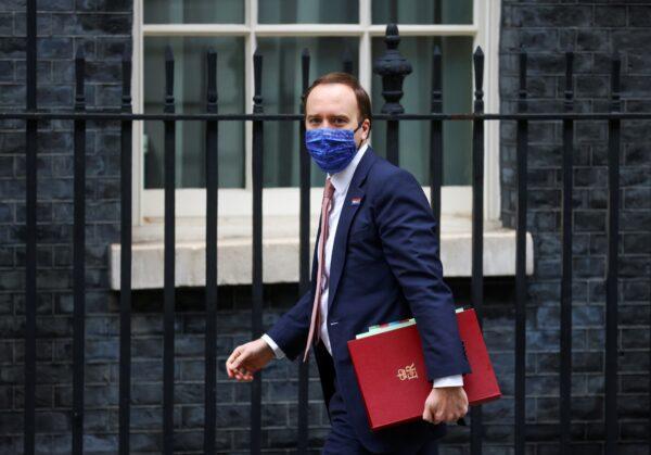 Matt Hancock, Britain's Secretary of State for Health and Social Care, arrives at Downing Street in central London, on Dec. 10, 2020. (Simon Dawson/Reuters)