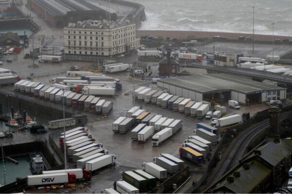 France banned all travel from the UK for 48 hours from midnight on Sunday. Lorries are parked on the M20 near Folkestone, Kent, as part of Operation Stack after the Port of Dover was closed and access to the Eurotunnel terminal suspended, on Dec. 21, 2020. (Steve Parsons/PA via AP)