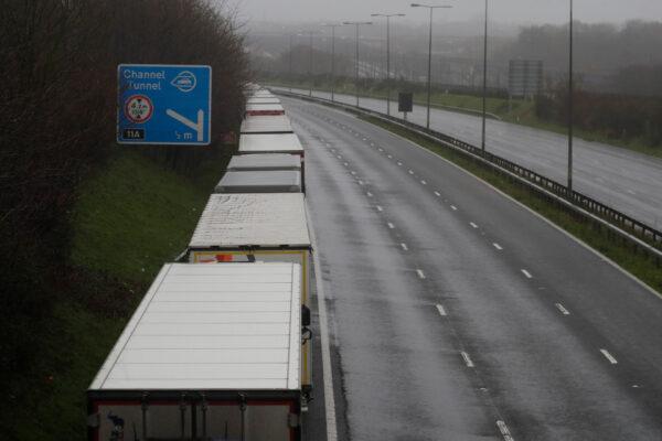 Lorries parked on the M20 near Folkestone, England, on Dec. 21, 2020. (Kirsty Wigglesworth/AP Photo)