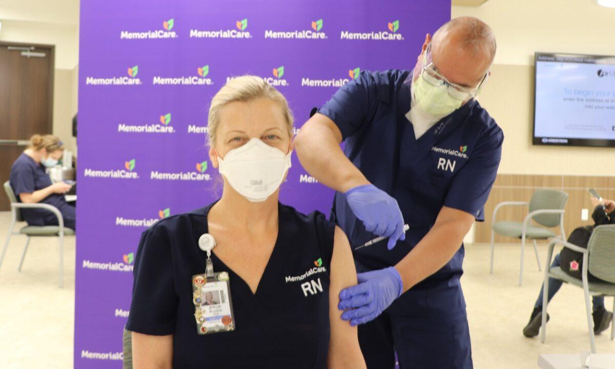 Intensive care unit (ICU) nurse Brenda Acosta was among MemorialCare's first frontline workers to receive the COVID-19 vaccine in Orange County, Calif., during the week ending Dec. 18, 2020. (Courtesy of MemorialCare)