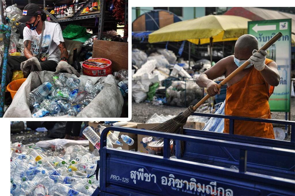 (L) A Buddhist devotee sorts salvaged plastic bottles to be recycled into monks' robes. (LILLIAN SUWANRUMPHA/AFP via Getty Images); (R) A Buddhist monk sorts salvaged plastic bottles to be recycled into monks' robes and face masks. (LILLIAN SUWANRUMPHA/AFP via Getty Images)