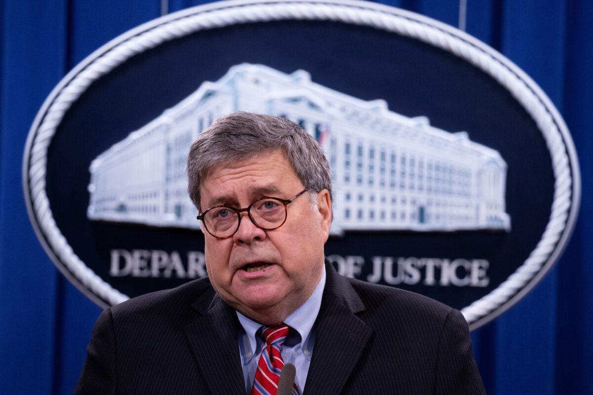 Then-Attorney General William Barr participates in a news conference at the Department of Justice in Washington on Dec. 21, 2020. (Michael Reynolds/Pool via Reuters)