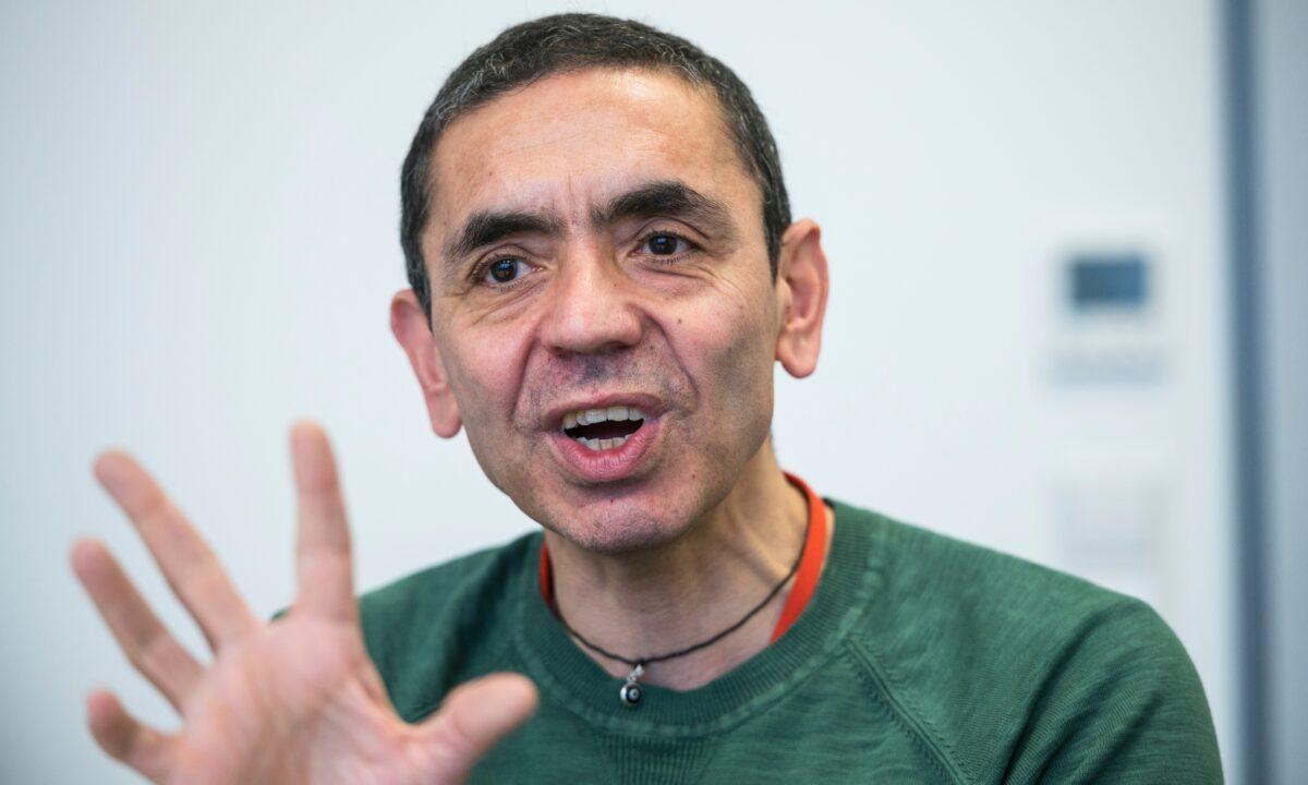 Ugur Sahin, CEO of BioNTech, gestures during an interview in Mainz, Germany, on Nov. 27, 2019. The chief executive of BioNTech says the German pharmaceutical company is confident that its coronavirus vaccine works against the UK variant, but further studies are needed. (Andreas Arnold/dpa via AP)
