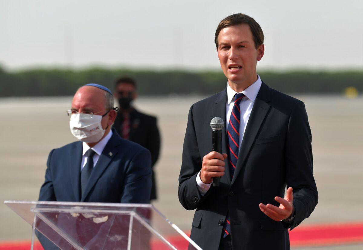 Presidential adviser Jared Kushner (R) speaks as he stands next to the head of Israel's National Security Council Meir Ben-Shabbat (L) at the Abu Dhabi airport, on Aug. 31, 2020. (Karim Sahib/AFP via Getty Images)