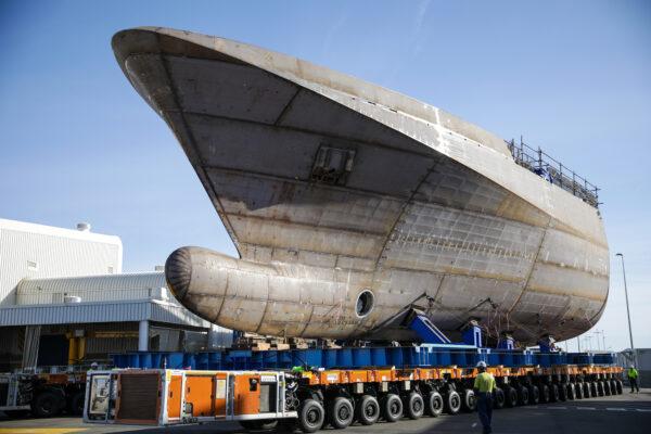  In a further milestone for the Offshore Patrol Vessel (OPV) program, the two halves of the first of class ship, Arafura, built by Luerssen Australia and its partner ASC have been brought together and welded to form a complete hull. (ADF)