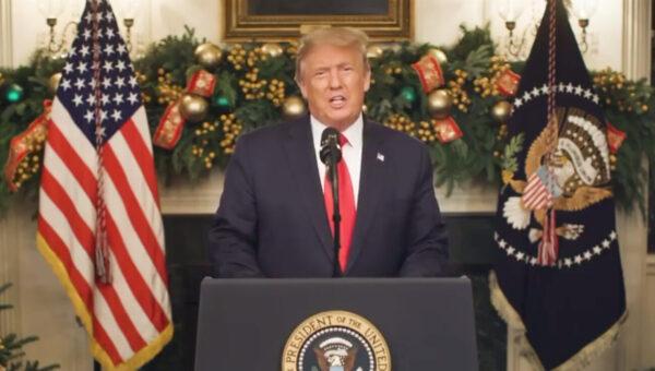 President Donald Trump in a video address calling for Americans to raise their voices to "demand that this injustice be immediately corrected"—referring to the November presidential election where there has been multiple allegations of fraud and irregularities across the nation—on Dec. 22, 2020. (White House video screenshot)