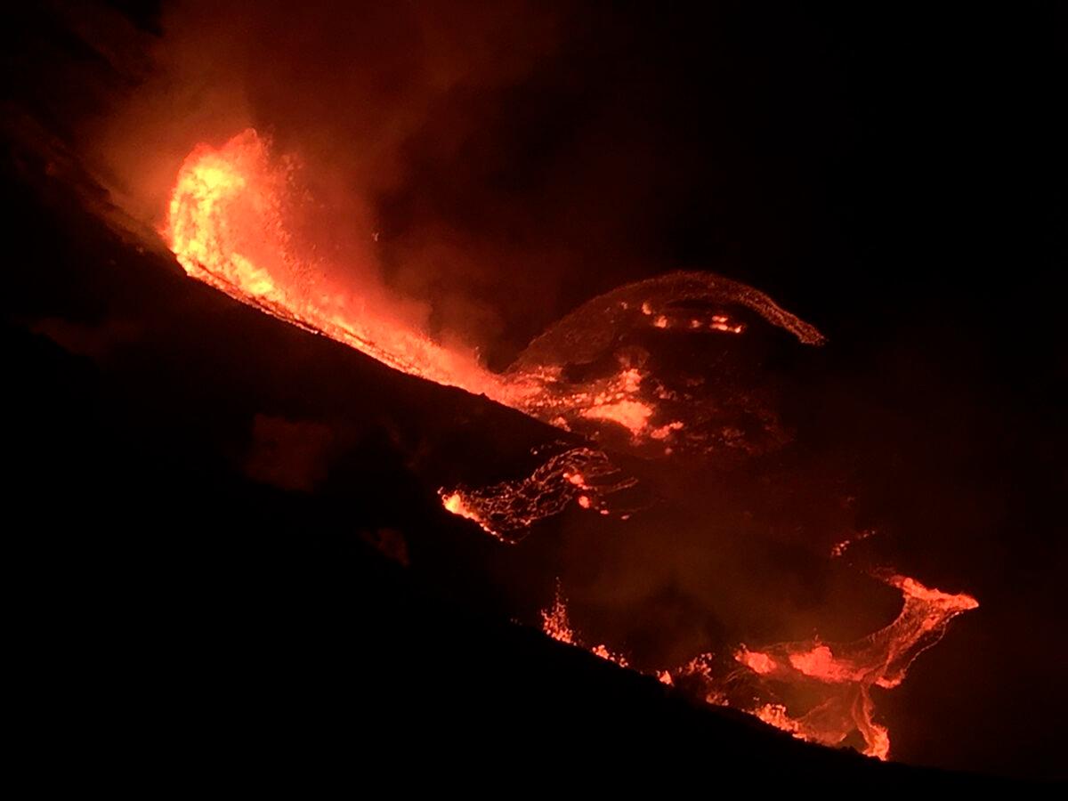 Lava flows within the Halema’uma’u crater of the Kilauea volcano in Hawaii, on Dec. 20, 2020. (U.S. Geological Survey via AP)