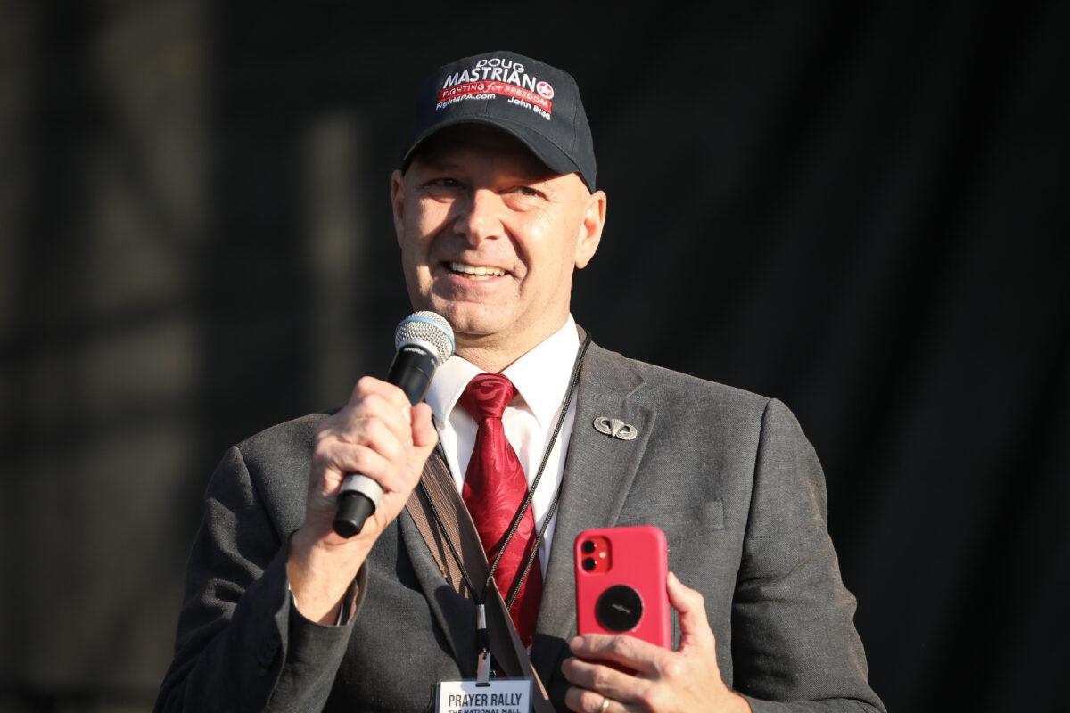 Doug Mastriano, a Republican member of the Pennsylvania Senate, speaks at a rally on the National Mall in Washington on Dec. 12, 2020. (Samira Bouaou/The Epoch Times)