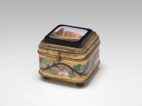 "Colosseum, Rome," 19th century. Micromosaic reset in a metal box detailed with enamel paint; 1 3/4 inches by 1 3/4 inches by 1 1/2 inches. Collection of Elizabeth Locke. (Travis Fullerton/Virginia Museum of Fine Arts)