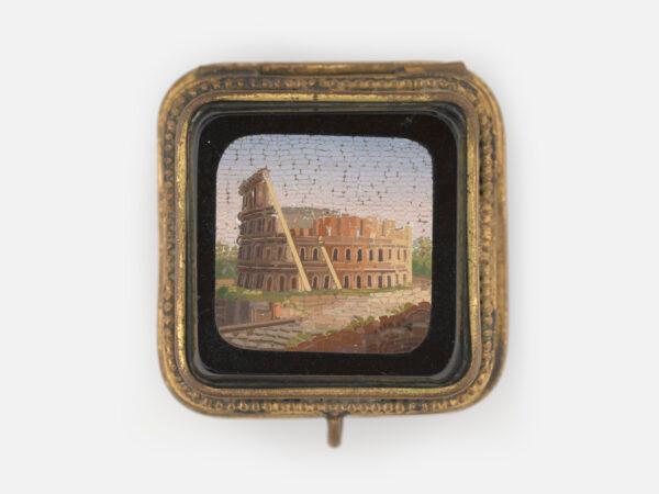 "Colosseum, Rome," 19th century. Micromosaic reset in a metal box detailed with enamel paint; 3/4 inches by 1 3/4 inches by 1 1/2 inches. Collection of Elizabeth Locke. (Travis Fullerton/Virginia Museum of Fine Arts