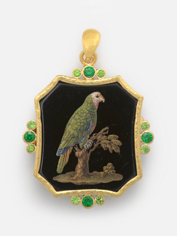 "Parrot, Rome," 19th century. Micromosaic reset in gold as a pendant, with four sets of 1/4-inch tsavorite and 1/8-inch demantoid garnets on bezel; 2 inches by 1 3/4 inches. (Travis Fullerton/Virginia Museum of Fine Arts)