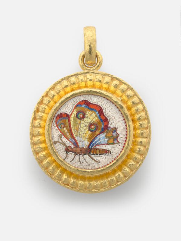 "Walking Butterfly," 19th century, attributed to Giacomo Raffaelli. Micromosaic reset in gold as a pendant, with gold bezel, hinged bale; 1 3/8 by 1 3/8 inches. Collection of Elizabeth Locke. (Travis Fullerton/Virginia Museum of Fine Arts)