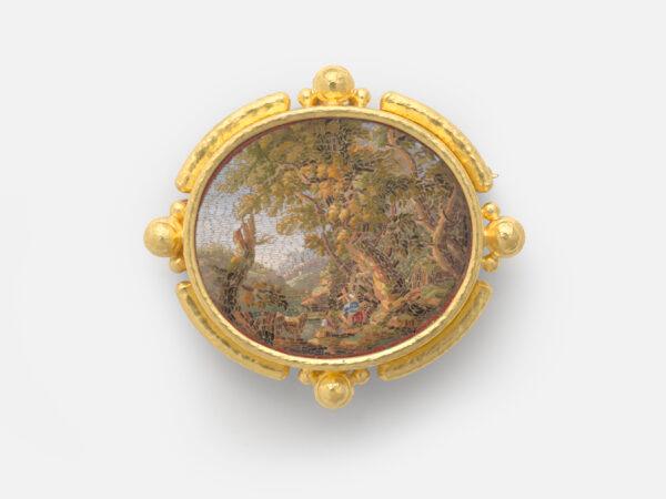 "Wilderness, Rome," 19th century. Micromosaic reset in gold as a pendant, with gold balls and granulation; 1 3/4 inches by 2 inches. Collection of Elizabeth Locke. (Travis Fullerton/Virginia Museum of Fine Arts)