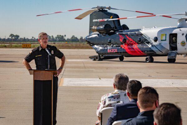 Orange County Fire Authority Chief Brian Fennessy speaks at the unveiling of a new firefighting helicopter in Los Alamitos, Calif., on Sept. 30, 2020. (John Fredricks/The Epoch Times)