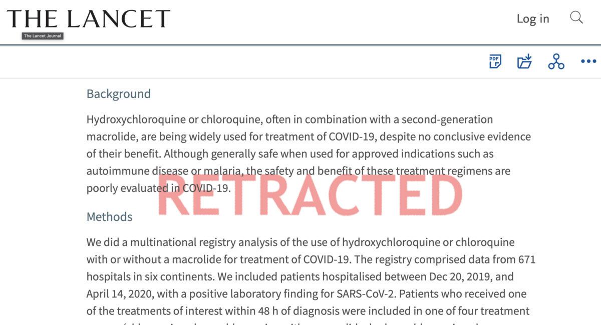 A screenshot taken Dec 24, 2020, of thelancet.com, shows the retracted study that prompted some countries to ban the use of hydroxychloroquine to treat COVID-19.  (Screenshot/TheLancet.com/Epoch Times)