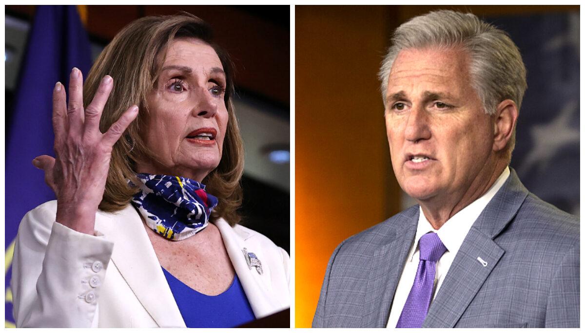 (Left) Speaker of the House Nancy Pelosi (D-Calif.) talks to reporters in Washington, on Oct. 1, 2020. (Chip Somodevilla/Getty Images); (Right) House Minority Leader Kevin McCarthy (R-Calif.) speaks at the weekly news conference on Capitol Hill in Washington, on Dec. 3, 2020. (Tasos Katopodis/Getty Images)