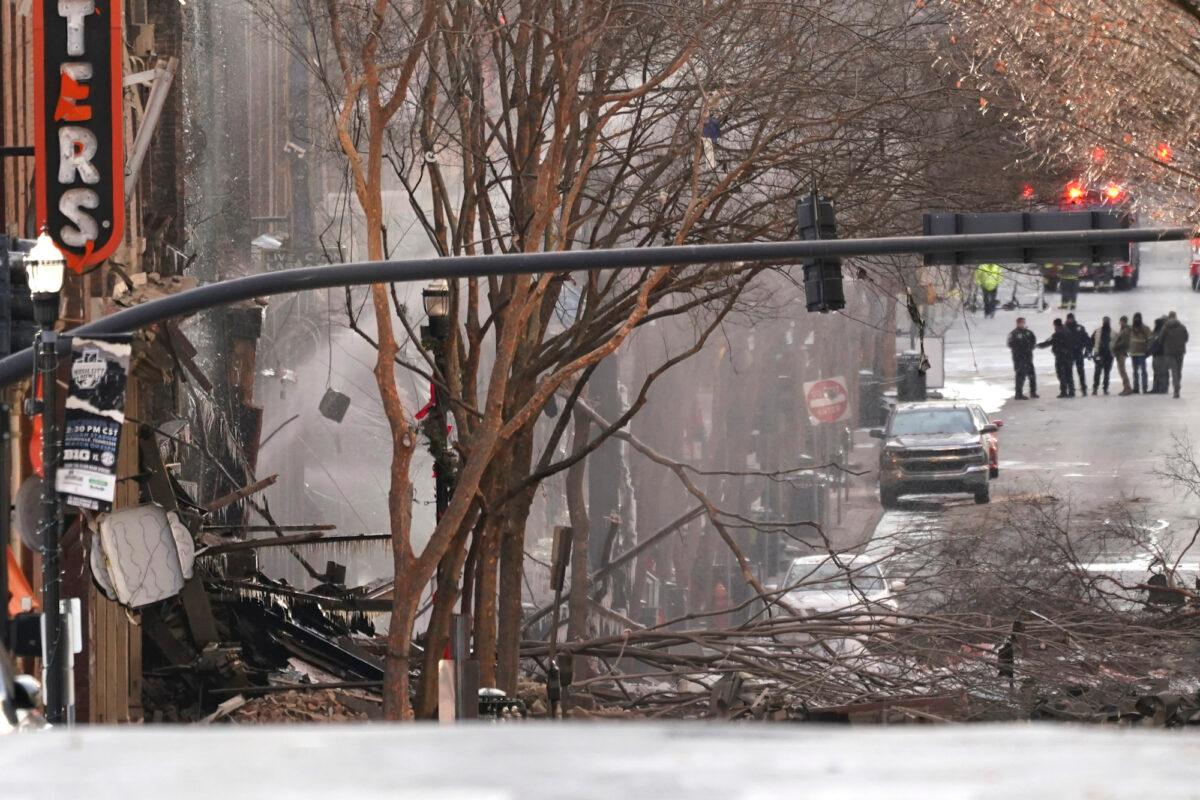 Emergency personnel work at the scene of an explosion in downtown Nashville, Tenn., on Dec. 25, 2020. (Mark Humphrey/AP Photo)