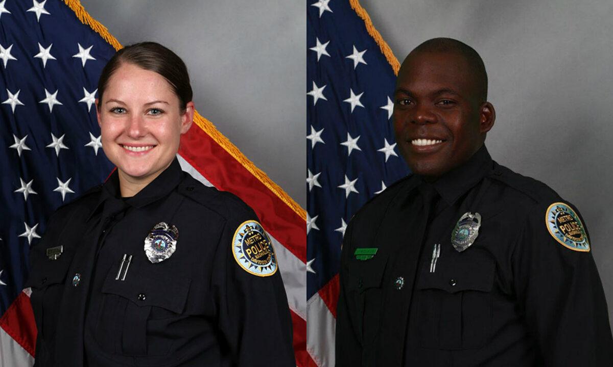 Nashville police officers Brenna Hosey, left, and James Wells were among a group of six officers who were credited with helping save lives before a Christmas Day explosion in Nashville, Tenn., on Dec. 25, 2020. (Nashville Police Department)
