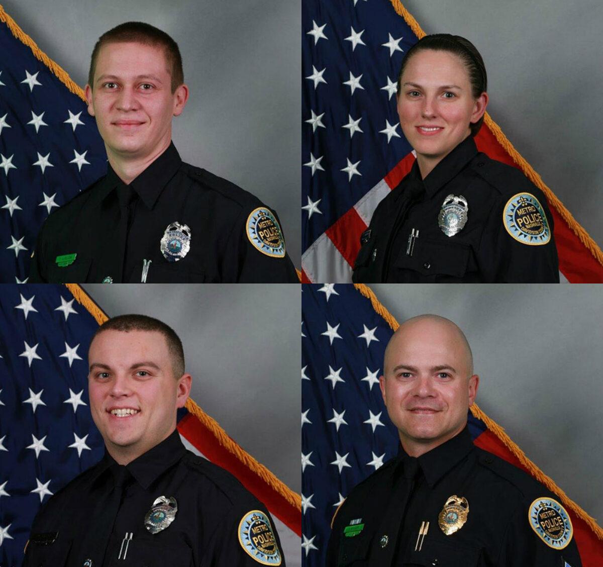 From top left clockwise, Nashville police officers Richard Tylor Luellen, Amanda Topping, Sgt. Timothy Miller, and Michael Sipos were among a group of six who were credited with helping save lives before a Christmas Day explosion in Nashville, Tenn., on Dec. 25, 2020. (Courtesy of the Nashville Police Department)