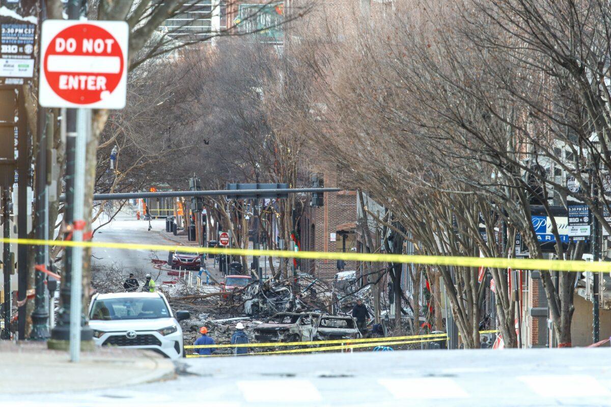 Police close off an area damaged by an explosion in Nashville, Tenn., on Dec. 25, 2020. (Terry Wyatt/Getty Images)
