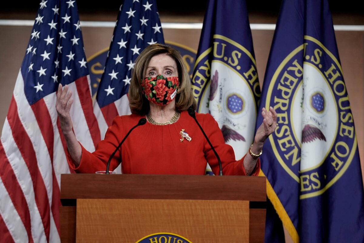 House Speaker Nancy Pelosi (D-Calif.) speaks to reporters in Washington on Dec. 20, 2020. (Ken Cedeno/Reuters)