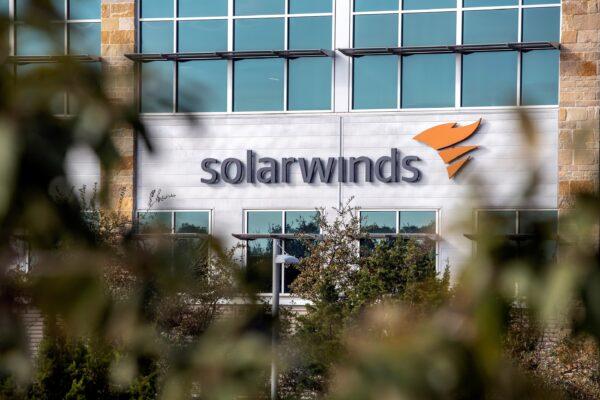 The SolarWinds logo is seen outside its headquarters in Austin, Texas on Dec. 18, 2020. (Sergio Flores/Reuters)