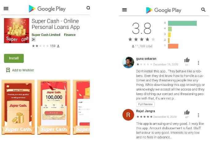  Screenshots of the App, Super Cash, and its reviews on the Google Play store on Dec. 27, 2020. It was one of the apps managed by a Chinese man arrested by Indian police on Dec. 25, 2020. (Venus Upadhayaya/The Epoch Times)