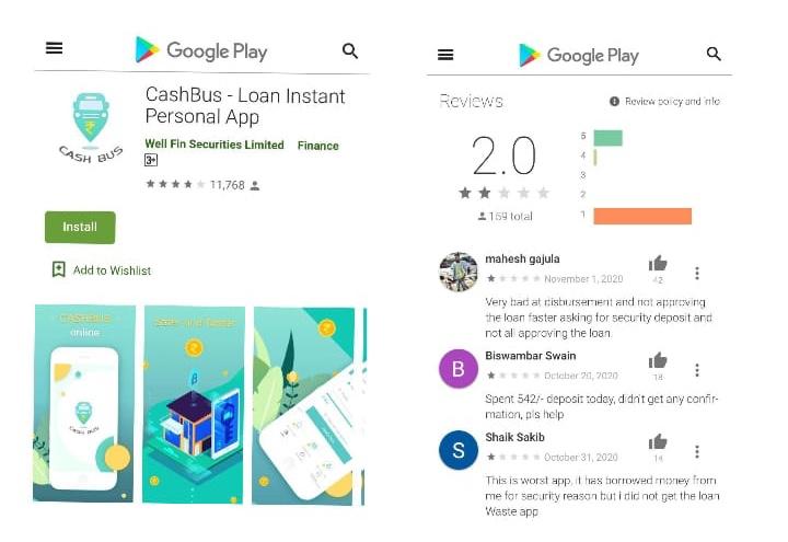 Screenshots of the app, Cash Bus and its Reviews on Google Play on Dec. 27, 2020. It was one of the apps managed by a Chinese man arrested by Indian police on Dec. 25, 2020. (Venus Upadhayaya/Epoch Times)