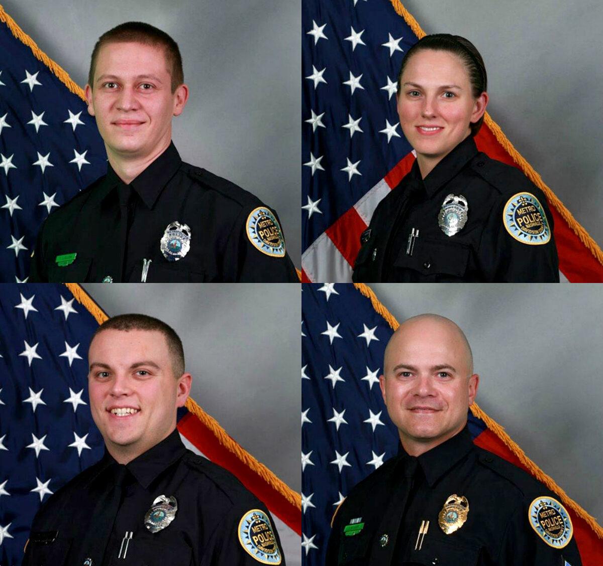 From top left clockwise, Nashville police officers Richard Tylor Luellen, Amanda Topping, Sgt. Timothy Miller, and Michael Sipos were among a group of six who were credited with helping save lives before a Christmas Day explosion. (Courtesy of the Nashville Police Department)