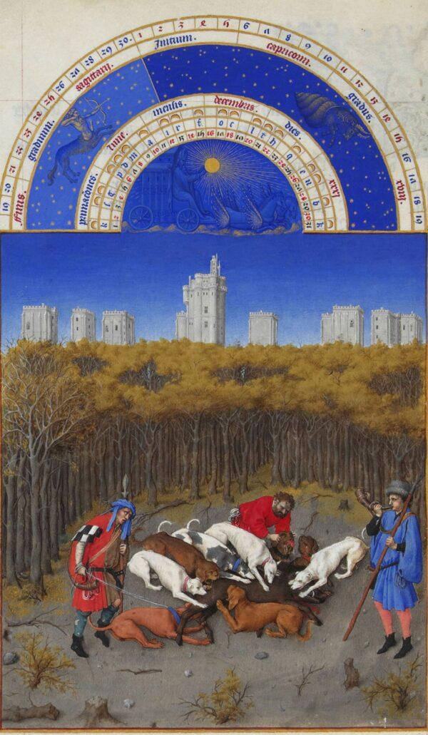 December, from "The Very Rich Hours of the Duke of Berry," Folio 12, back; circa 1440, Barthélemy van Eyck. Tempera on vellum; 8.8 inches by 5.3 inches. Condé Museum, France. (R-G Ojéda/RMN/PD-US)