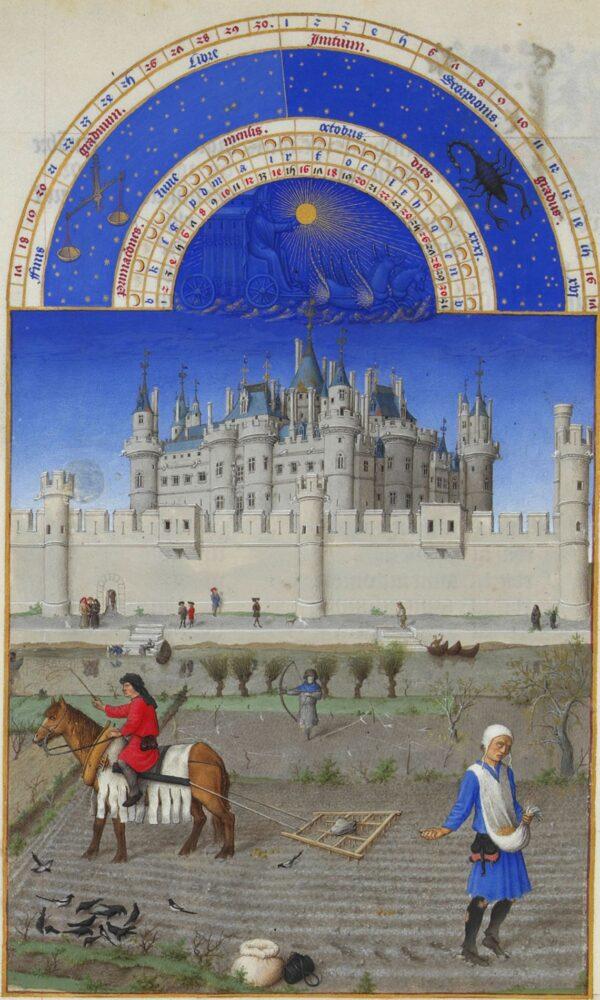 October, from "The Very Rich Hours of the Duke of Berry," Folio 10, back; between 1412 and 1416 or circa 1440, by the Limbourg brothers or Barthélemy van Eyck. Tempera on vellum; 8.8 inches by 5.3 inches. Condé Museum, France. (R-G Ojéda/RMN/PD-US)