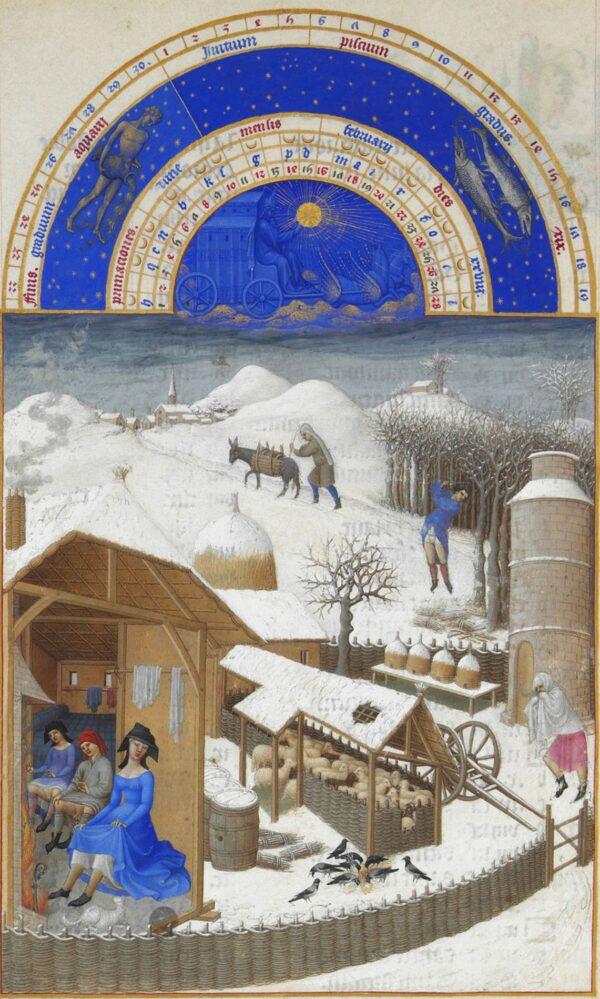 February, from "The Very Rich Hours of the Duke of Berry," Folio 2, back; between 1412 and 1416, by the Limbourg brothers. Tempera on vellum; 8.8 inches by 5.3 inches. Condé Museum, France. (R-G Ojéda/RMN/PD-US)
