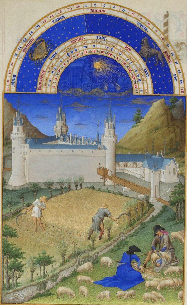 July, from "The Very Rich Hours of the Duke of Berry," Folio 7, back; between 1412 and 1416 or circa 1440, by the Limbourg brothers or Barthélemy van Eyck. Tempera on vellum; 8.8 inches by 5.3 inches. Condé Museum, France. (R-G Ojéda/RMN/PD-US)