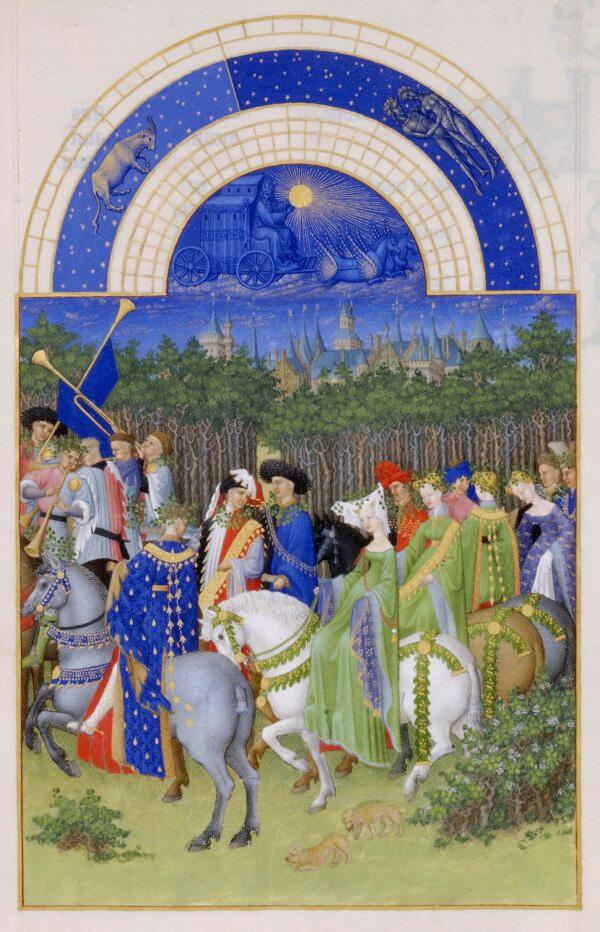 May, from "The Very Rich Hours of the Duke of Berry," Folio 5, back; between 1412 and 1416, by the Limbourg brothers. Tempera on vellum; 8.8 inches by 5.3 inches. Condé Museum, France. (R-G Ojéda/RMN/PD-US)