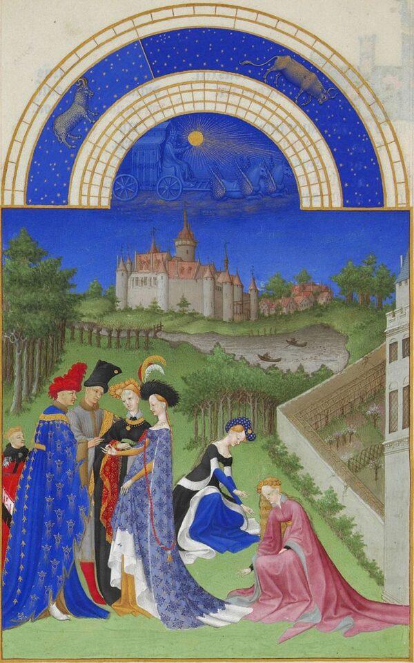 April, from "The Very Rich Hours of the Duke of Berry," Folio 4, back; between 1412 and 1416, by the Limbourg brothers. Tempera on vellum; 8.8 inches by 5.3 inches. Condé Museum, France. (R-G Ojéda/RMN/PD-US)