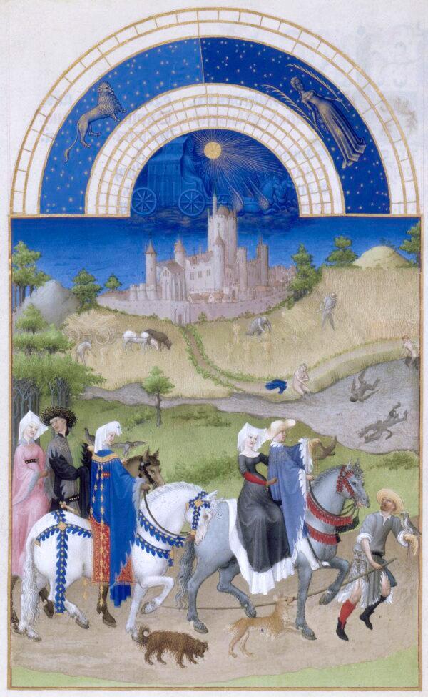 August, from "The Very Rich Hours of the Duke of Berry," Folio 8, back; between 1412 and 1416, by the Limbourg brothers. Tempera on vellum; 8.8 inches by 5.3 inches. Condé Museum, France. (R-G Ojéda/RMN/PD-US)