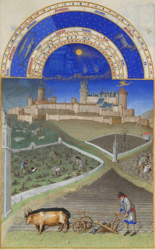 March, from "The Very Rich Hours of the Duke of Berry," Folio 3, back; between 1412 and 1416 and then circa 1440, by the Limbourg brothers and Barthélemy van Eyck. Tempera on vellum; 8.8 inches by 5.3 inches. Condé Museum, France. (R-G Ojéda/RMN/PD-US)