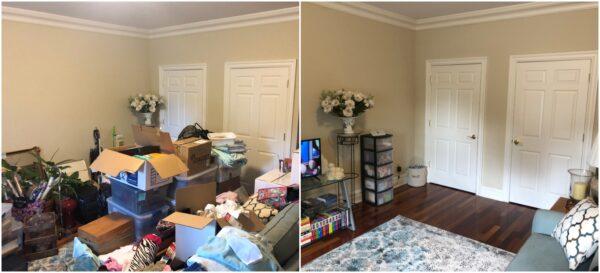  A living room in Greenwich, Conn., before and after decluttering and organizing by House to Home Organizing. (Courtesy of House to Home Organizing)
