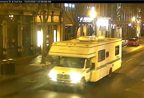 A screengrab of surveillance footage shows the recreational vehicle suspected of being used in the bombing in Nashville, Tenn., on Dec. 25, 2020. (Metro Nashville Police Department via Getty Images)