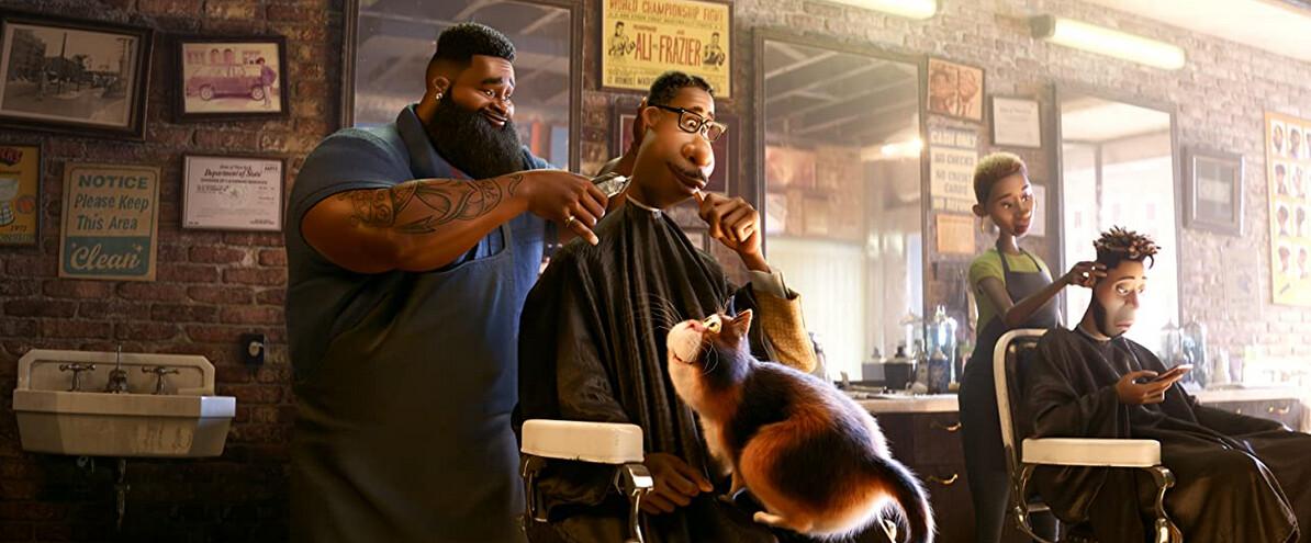 Dez the barber (Donnell Rawlings) cuts Joe Gardner’s (Jamie Foxx) hair to get him ready for his musical gig, in “Soul.” (Walt Disney Pictures/Pixar Animation Studios/Disney+)