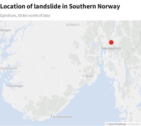 Location of landslide that hit Southern Norway on Dec. 30, 2020. (Courtesy of OpenStreetMap)