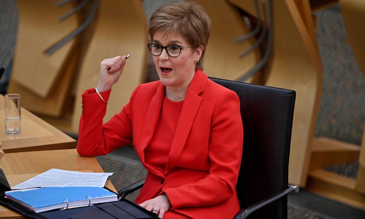 First Minister Nicola Sturgeon attends a debate at the Scottish Parliament on the trade and co-operation agreement between the UK and the EU, in Edinburgh, Scotland, on Dec. 30, 2020. (Jeff J Mitchell/Getty Images)