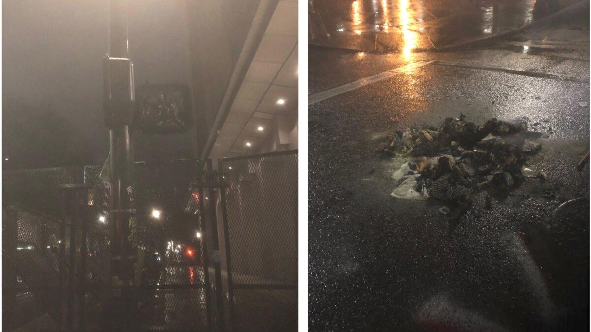 This set of pictures shows a crosswalk sign near the Multnomah County Justice Center destroyed by fire (left) and a fire doused on Southwest Main Street during a riot in Portland, Ore., on Dec. 31, 2020. (Portland Police Bureau)